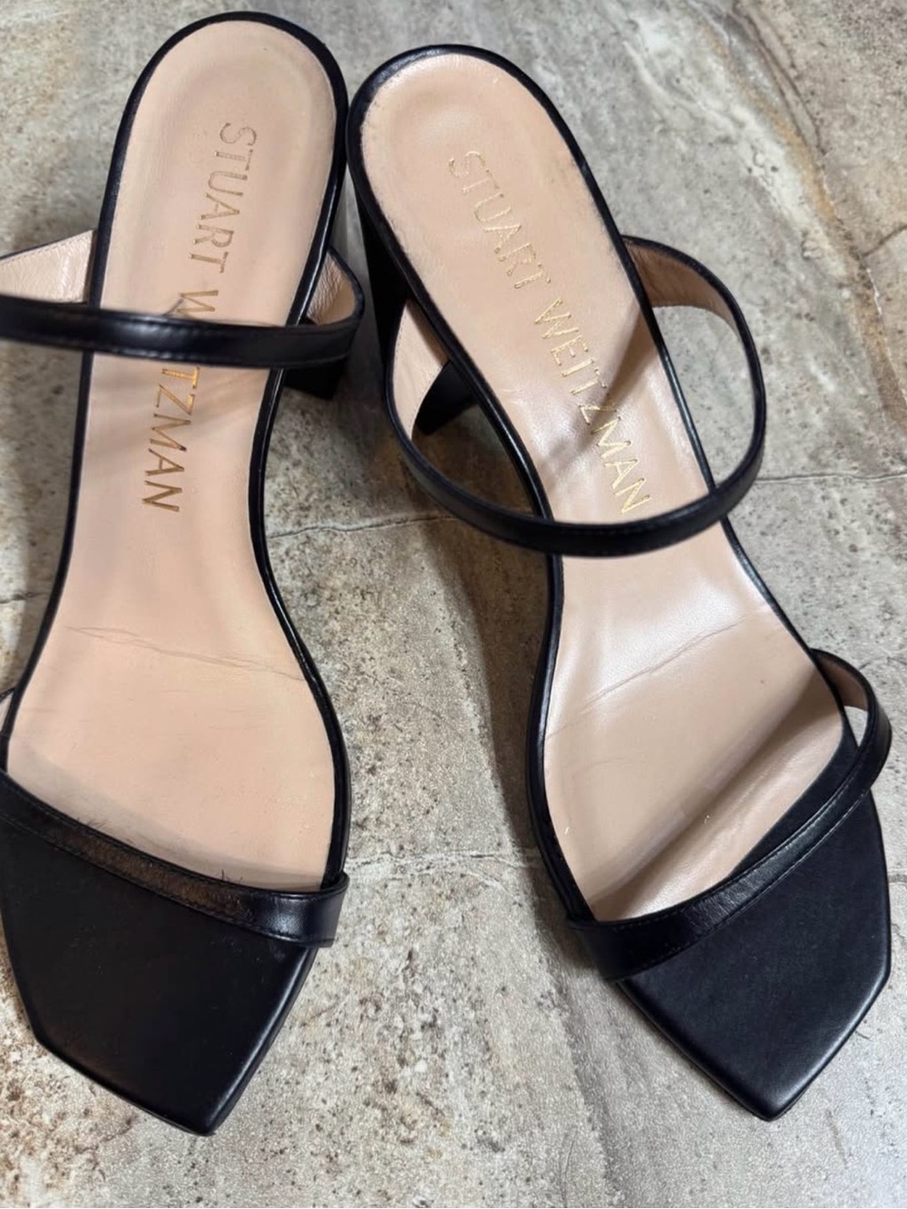 Stuart Weitzman Black Napa Leather Aleena Block Heel Sandals - Picture 1 of 5